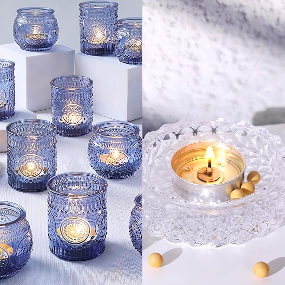 36 Pcs Assorted Blue Candle Holders Bulk & Soy Tealight Candles | 50 Pack | 4 Hours