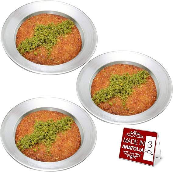 Hakan Kunafa Serving Plates for Kataifi | Aluminum Pan for Baking and Serving Kunefe | Knafeh Phyllo Fillo Dough Pan | Authentic Dish for Knafe Dessert | Set of 3, Silver, Small, 6.8(Inner Dia 5)