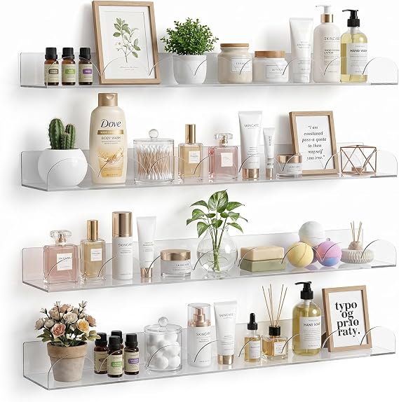 4-Pack Clear Acrylic Floating Shelves, 24 inches