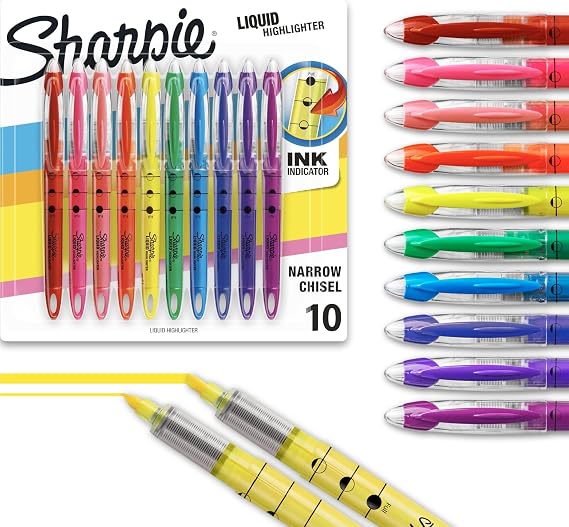 Sharpie Liquid Highlighters, Chisel Tip, Assorted Colors, 10 Count - Journaling, School, Study Supplies