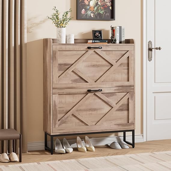 Nicetree Shoe Cabinet with 2 Flip Drawers,Freestanding Shoe Storage Cabinet, Narrow Shoe Organizer Cabinet, Farmhouse Slim Shoe Rack Cabinet for Entryway,Toasted Oak