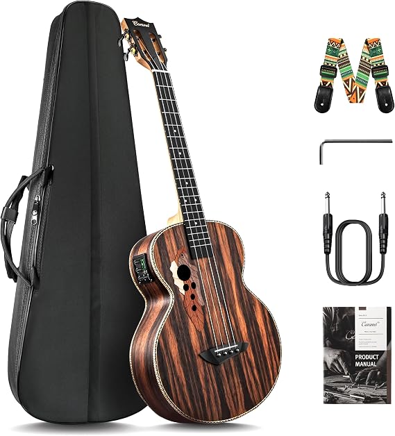 Caramel CB904 30inch Ebony Wood Baritone Electric Ukulele | Beginner Guitar Starter Pack Bundle Gig bag, Strap, Strings Set