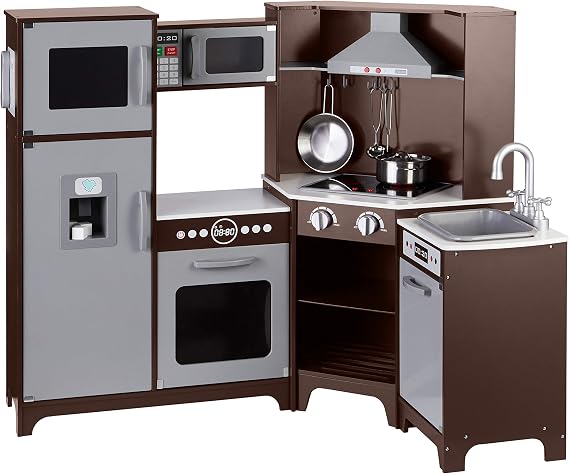 Amazon Basics Kids Corner Interactive Wooden Play Kitchen Set, Stove, Oven, Sink, Fridge and Accessories for Toddlers, Preschoolers, Children Age 3+ Years, Espresso/Gray, 39.37"L x 28.35"W x 35.04"H