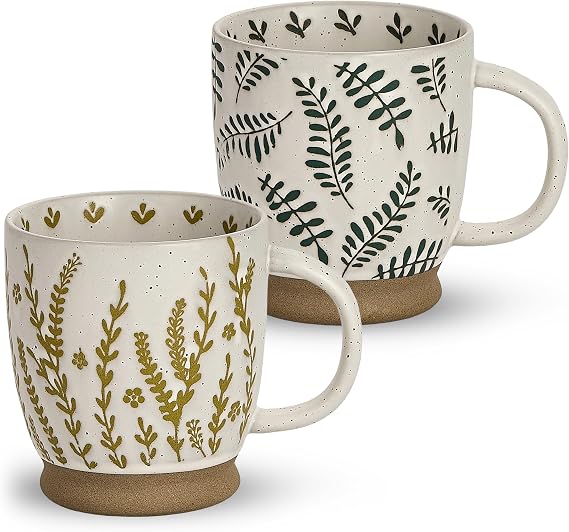 18 Oz Large Ceramic Coffee Mug Set of 2 - Rustic Handmade Floral Mugs with Handle, Microwave Safe for Latte Espresso Cappuccino Tea Cocoa Milk, Modern Unique Big Cups for Kitchen Women(Sage Green)