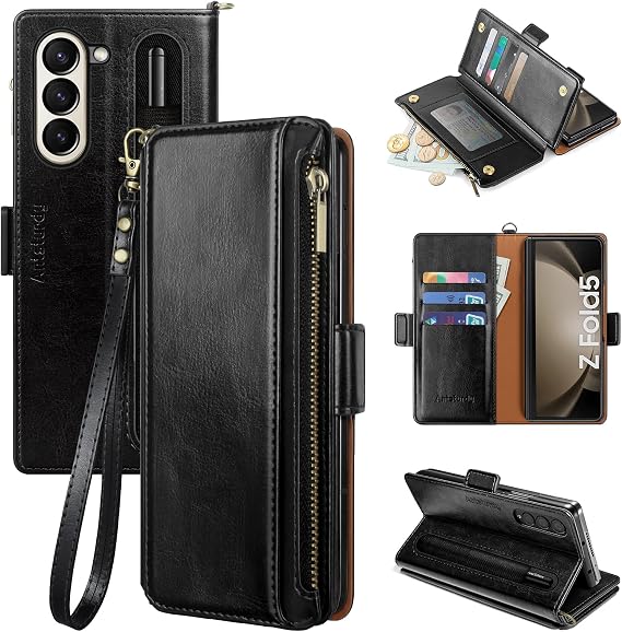 Antsturdy Compatible with Samsung Galaxy Z Fold 5 Case Wallet Women withS Pen Holder Phone Case with Card Holder Strap PU Leather RFID Blocking Flip Protective Cover Credit Slots Men,Black