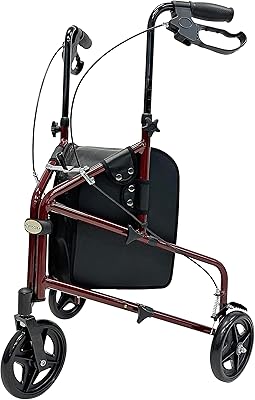 Freedom Ultralight Aluminum Walker for Seniors, Foldable, Rollator Walker with Three Wheels, Height Adjustable Handles Burgundy Red