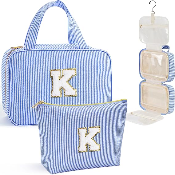YOOLIFE Initial Toiletry Bag Travel Makeup Bag for Women - Hanging Toiletry Bag, Personalized Birthday Gifts for Women, Vacation Airplane Essentials - Letter K, Blue
