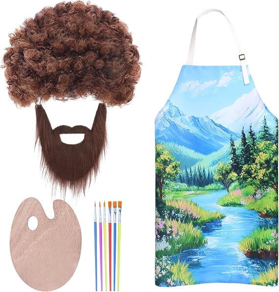 Kyson 80's Painter Costume 10 Pcs Brown Afro Wig Fake Whiskers Aprons Painting Brushes Set for Halloween Couple Cosplay