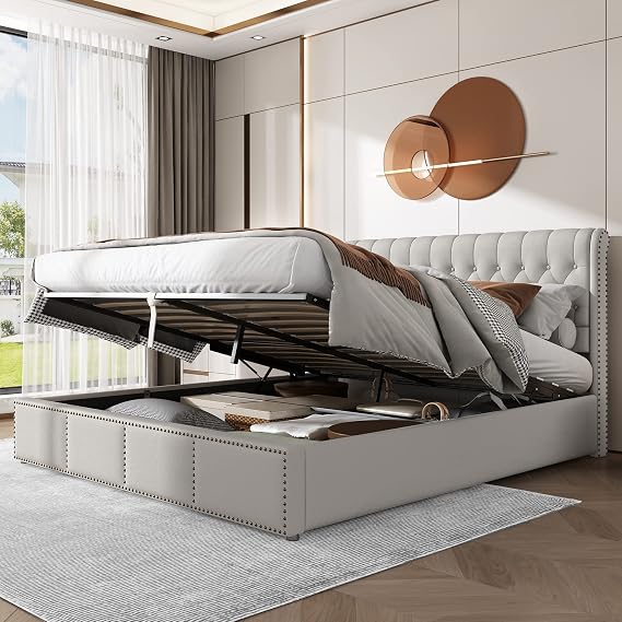 Merax Upholstered Bed Frame with Hydraulic Lift, 6FT Super King Size Bed Frame with Storage, Functional Ottoman Bed, Sturdy Construction, Without