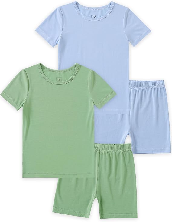 JunNeng Bamboo Viscose Toddler Pajamas Baby 4 Piece Summer Pjs, 12M-7Y | Cool Breathable, Short Sleeve, Snug Fit, Classic Solid Pajamas Sets for Boys Girls Kid