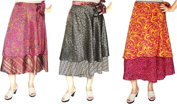 Maple Clothing Women's Indian Vintage Silk Sari Skirts Long Boho Two Layers Magic Wrap Around Skirt Multicolored Wholesale 3 Pcs Lot