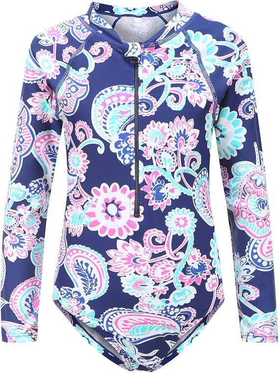 Girls Rash Guard Long Sleeve One Piece Swimsuits Stripes Zipper Bathing Suits UPF 50+/Sun Protection