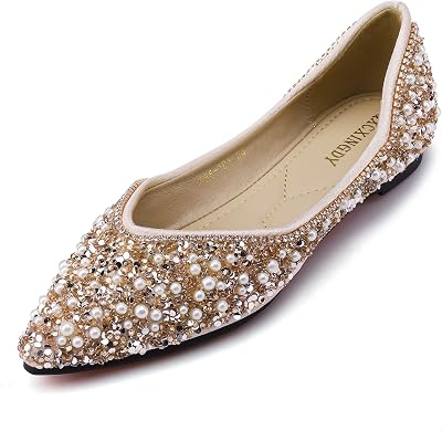 Womens Rhinestone Flats Fashion Pointed Toe Pearl Diamond Low Heel Dress Wedding Flats Work Business Dance Ballet Flats
