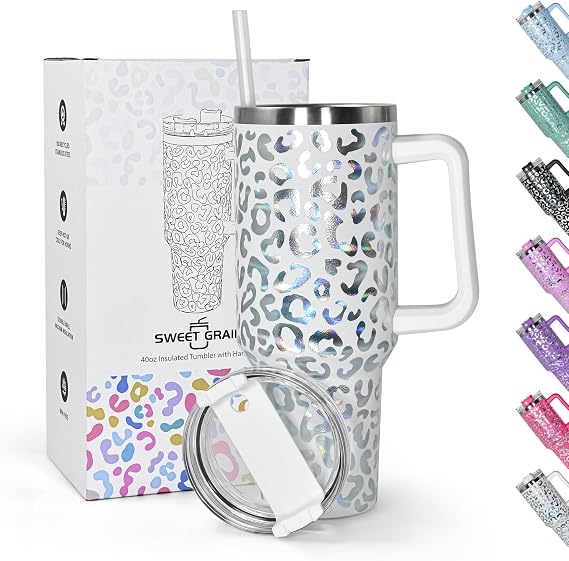 sweet grain 1200ml 40oz Tumbler with Straw and Lid, Stainless Steel Coffee Cup Travel Mug,Vacuum Insulated Water Bottle for Water, Iced Tea or Coffee, White Leopard