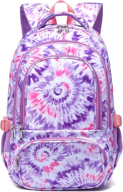 BLUEFAIRY Kids Backpack for Girls 17In Elementary Middle School Bookbag for Aged 6-8 8-10 10-12 Teens Childs Back to School Bag with Laptop Compartment Mochilas Escolares para Ninas de Tie-dye Purple