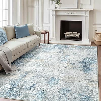 Blue 6x9 Area Rugs for Living Room, Modern Abstract Washable Rug Low Pile Soft Anti-Skid Non-Shedding Faux-Wool Indoor Carpet for Bedroom, Nursery & Dining Room Floor