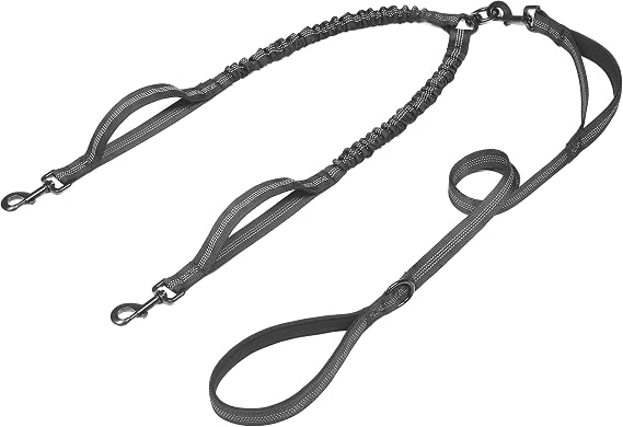 Double Dog Leash with 3 Extra Traffic Handles, 5-18 lbs, Black | 360 Swivel No Tangle, Dual Dog Walking, Shock Absorbing Reflective Bungee, for Two Dogs