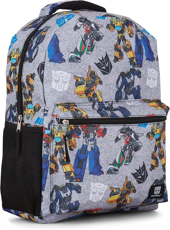 Transformers Optimus Prime Allover Backpack - Optimus, Prime, Megatron and Bumblebee School Bookbag (Grey)