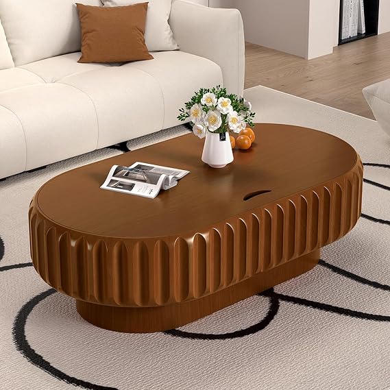 JHKZUDG Oval Coffee Table with Storage Brown Flat Round