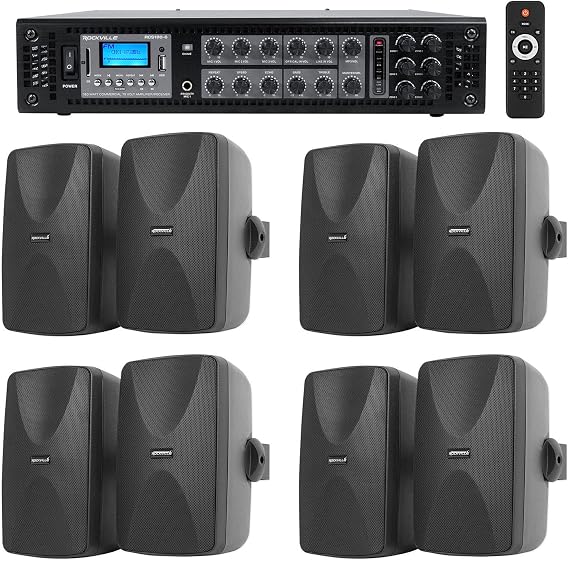Rockville RCS180-6 70v Restaurant Amplifier with 8 WET-7020B Wall Speakers | 6 Zone Volume Controls, 180W, Bluetooth, 3 Mic Inputs, USB/SD, Optical, 5.25" Black Indoor/Outdoor, FM Radio, 9-Items