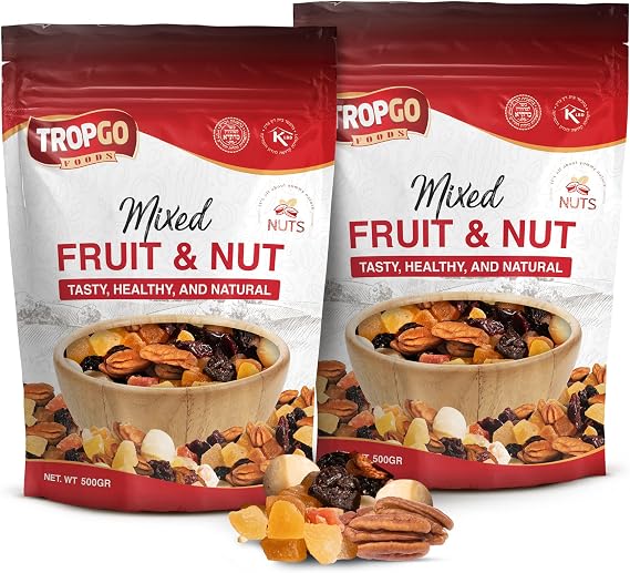 Tropgo Mixed Fruit & Nut 2 × 500g (1KG) Resealable Bag – Diced Mango, Pineapple & Papaya, Macadamia Nuts, Cranberries, Pecans – Healthy Snack for Work, School, Gym, Lunchboxes, Travel, Cupboards