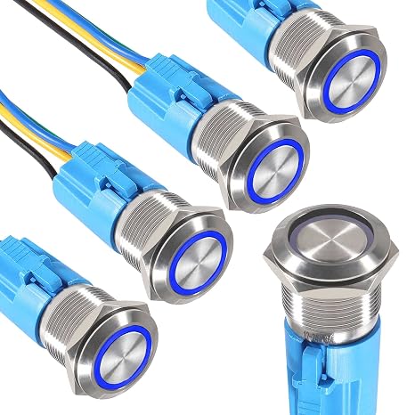 5PCS 19MM 3/4" Latching Push Button Switch,Waterproof Stainless Steel LED Ring 12V 1NO 1NC SPDT ON/Off Self-Locking with Pre-Wired Socket Plug (Blue)