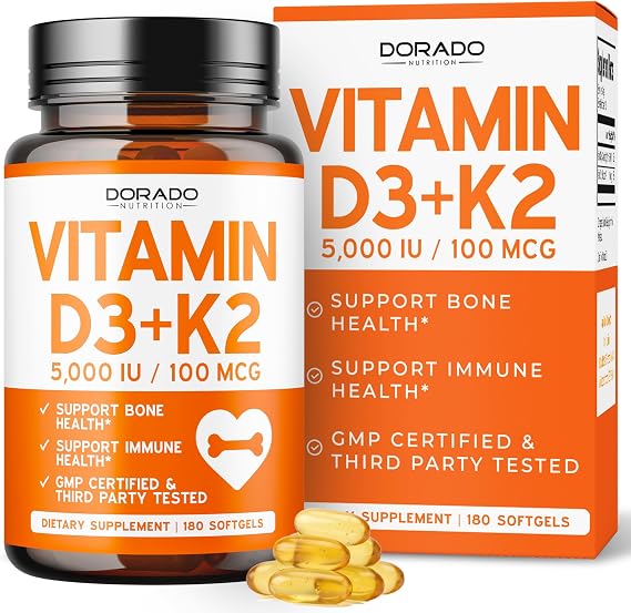 Vitamin D3 K2 Supplement (180 Softgels) Vitamin D3 K2 5000iu/100mcg - Supplement with D & K - Support Bone and Immune Health for Adult - Vegan, NON GMO, Third Party Tested - Made in USA -180 Count