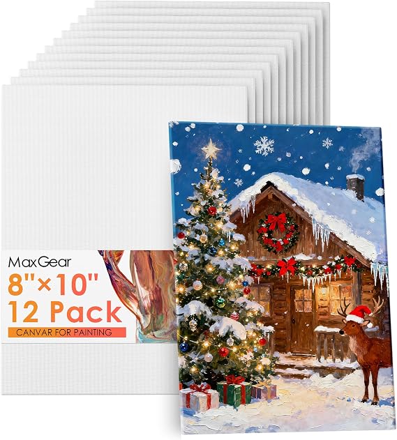 MaxGear 12 Pack 8x10 Canvas Boards for Painting | White Blank Canvases, Art Supplies for Christmas Decoration, 100% Cotton Primed Canvas for Acrylic, Oil, Watercolor, Tempera