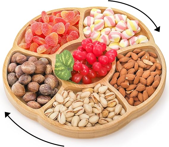 Cididu 12'' Lazy Susan Serving Tray, Bamboo Food Tray, Appetizer Divided Serving Platter Dishes, 360 Rotating Relish Party Tray, 6 Compartments Bamboo Tray for Snack Nut Fruit Veggie Chip and Dip