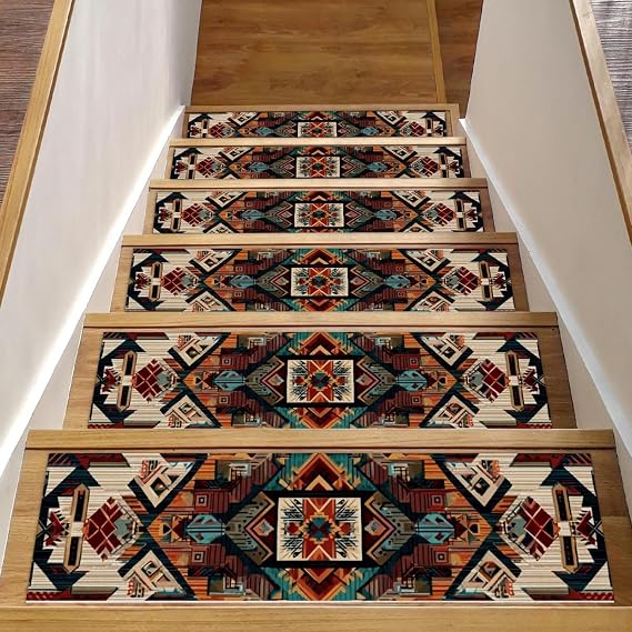 Retro Boho Aztec Pattern (3) Stair Treads Non Slip for Wooden Steps, 15PCS 8"x30" Stair Runner Mats, Washable Reusable Carpet for Stairs Rugs Indoor Safety Staircase Step Treads for Kids Elders Dogs