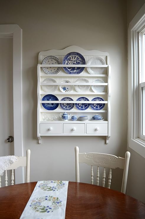 White Dish Rack - Wall Plate Display - Wooden Plate Rack - Wall Storage Unit - Kitchen Organization