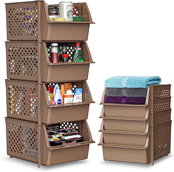 TidyFriend Plastic Stackable Storage Bins for Pantry, 4 Pack Stackable Bins For Organizing Food, Kitchen, and Bathroom Essentials (Brown)