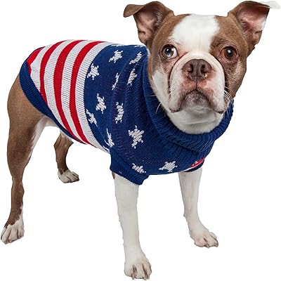 Pet Life ® Patriot Independence Star U.S.A. Heavy-Knitted Designer Fall and Winter Dog Sweater with Turtle Neck Warm Pet Sweater