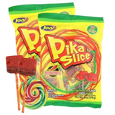 Watermelon Chili Lollipops, Individually Wrapped Mexican Suckers, Pinata Candy and Party Favors, Swirl Sticker Included, 6 Ounce Bags, Pack of 2