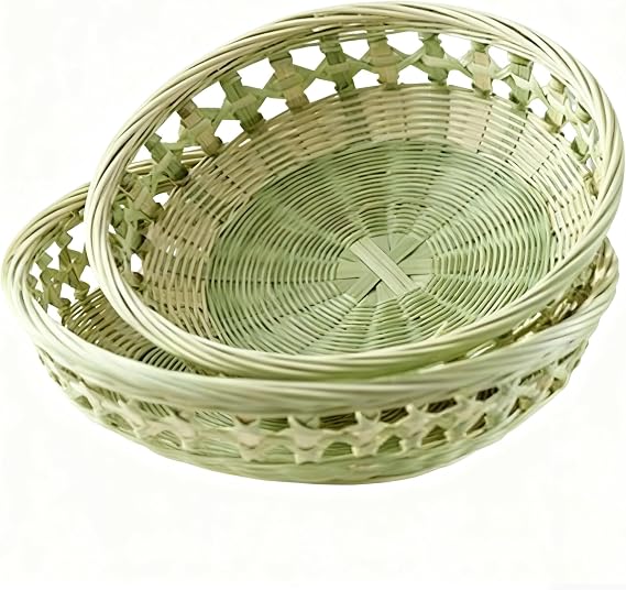 2 Packs Bamboo Basket Tray, Hand Weave Bread Baskets, Woven Fruit Basket, Round Shape Holder Flat Shallow Vegetables Serving Basket, Stackable