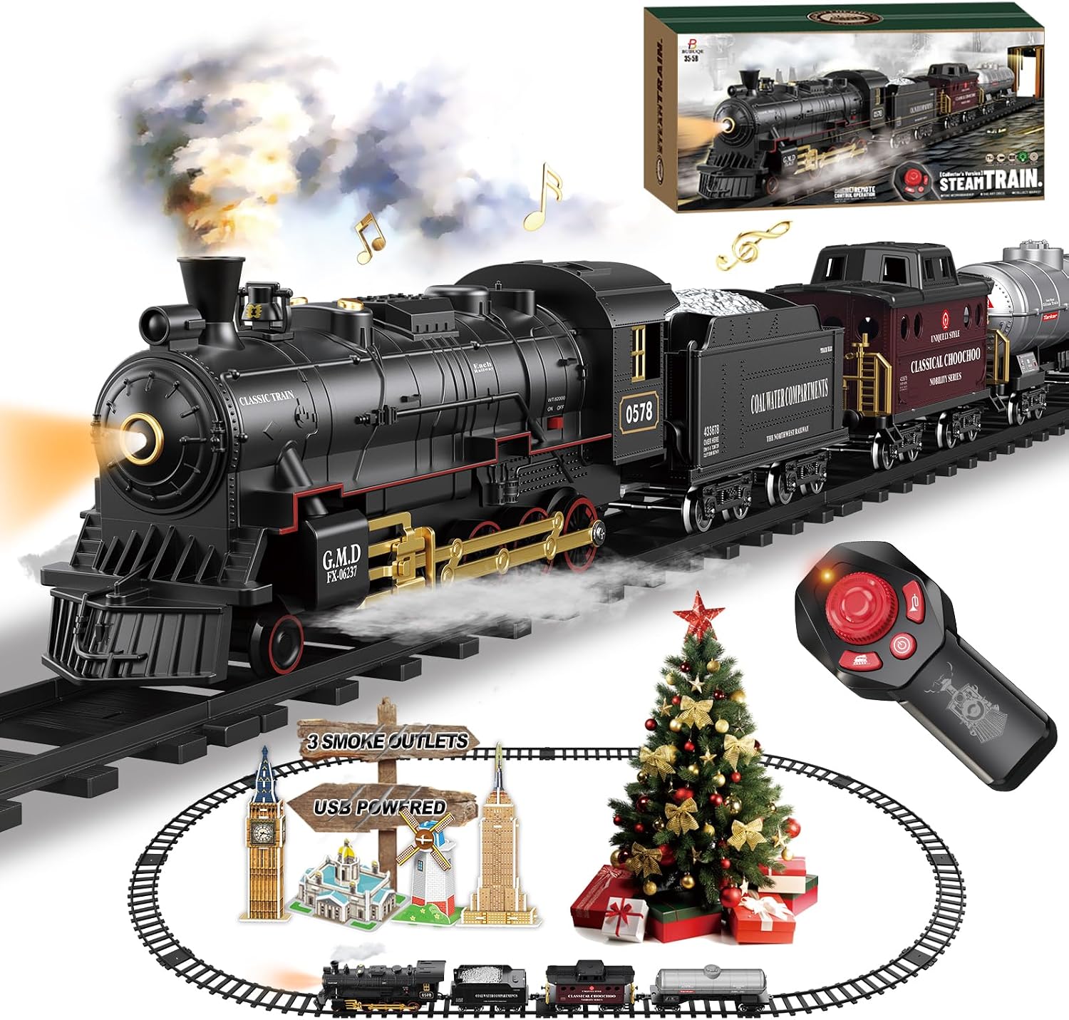 Electric Remote Control Train Set Christmas Trains Steam Locomotive, Cargo Car & Tracks, Rechargeable Train Toys for Kids w/3 Smoke,Whistle