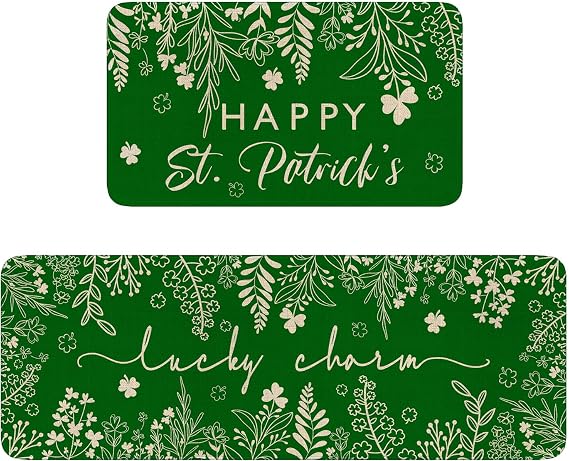 St.Patrick's Day Kitchen Rugs and Mats Set of 2,Lucky Charm Leaf Kitchen Mats for Floor,Green Clover Non-Slip Sink Mats Home Decor Door Mat+Runner Rug