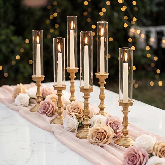 NUPTIO Hurricane Candle Holders, Set of 6 Gold Taper Holders with Glass