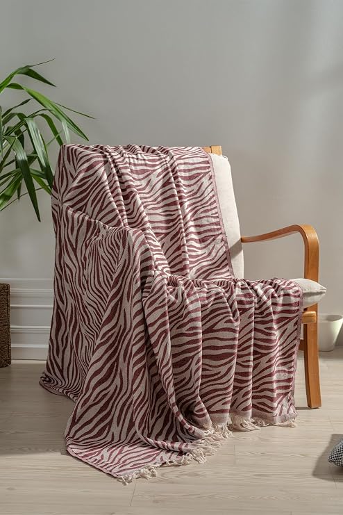 RAYME TEKSTIL%100 Pamuk Çok Amaçlı Örtü, Koltuk Şalı ve TV Battaniyesi, 130x170 cm, Dekoratif Ev Tekstili (Bordo, ZEBRA)
