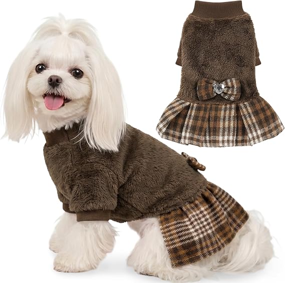 WOYYHO Small Dog Sweater Dress with Plaid Skirt & Bowtie Fleece Dog Clothes