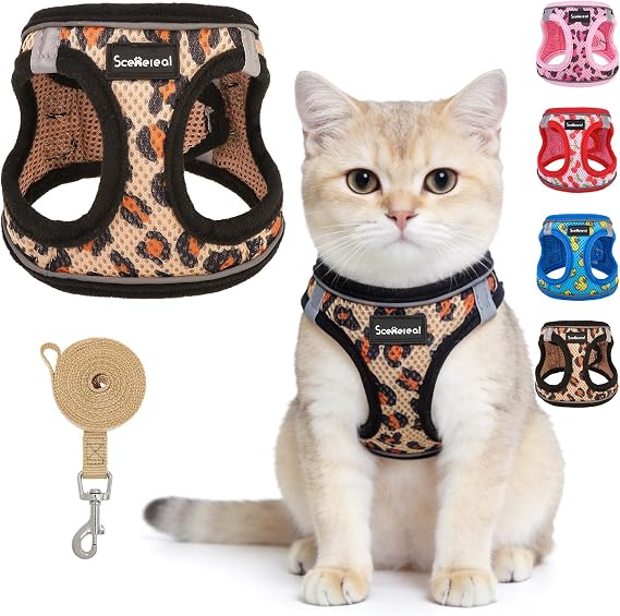 SCENEREAL Cat Harness & Leash Set Escape Proof - Adjustable Air Mesh Vest with Reflective Strips for Kittens, Puppies, Rabbits, Khaki Leopard M
