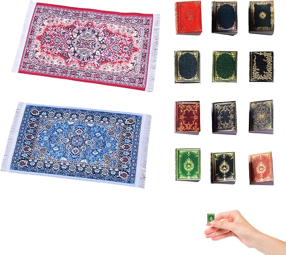PLUSHCEWT 14 PCS Doll House Accessories 1:12, 12 Pcs Miniature Books & 2 Dolls House Rugs, dolls house furniture for Dollhouse, Mini Brands Bookshelf, Realistic Mini Things Decor