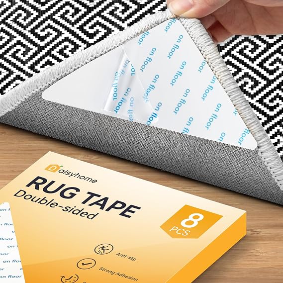 Daisyhome 8PCS Carpet Tape, Rug Tape Gripper for Hardwood Floor | Rug Stickers for Wood Floor, Reusable Anti Slip Rug Grips for Area Rugs to Keep Rug Corners Flat