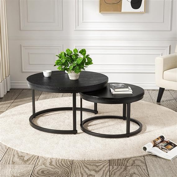 Hawthyhome Coffee Tables, Round Nesting Tables Tet of 2, Modern Side Tables with Metal Frame, Industrial Stacking End Tables for Living Room Bedroom Office, 60 * 60 * 45cm, Black