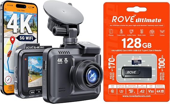 ROVE R2-4K PRO Dash Cam with 128GB Card, 4K UHD 2160P for Cars | Bundle Includes 128GB Card, 4K UHD 2160P 30fps, WDR, Super Night Vision, Built-in GPS and 5.8GHz WiFi
