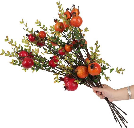 4PCS 26 Inch Artificial Pomegranate Stems with Leaves, Faux Fruit Branches for Rustic Home Decor, Fall Centerpieces, Wedding & Holiday Arrangements,2pcs Red and 2pcs Orange