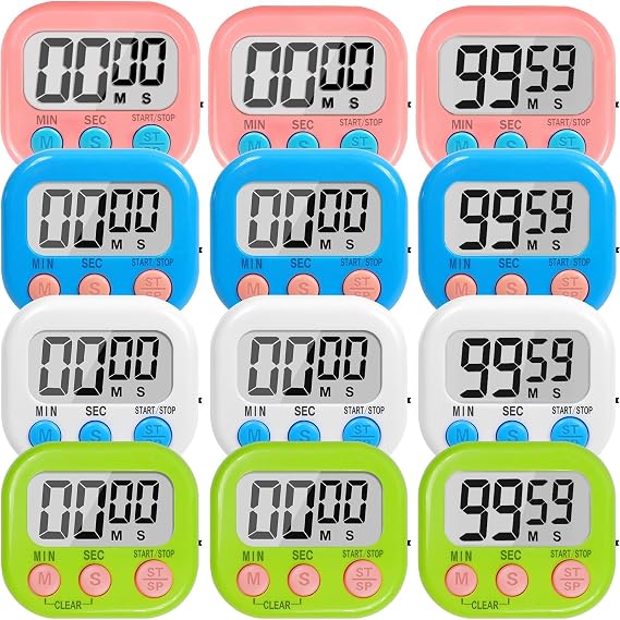 12 Pack Digital Kitchen Timers for Cooking, Loud Alarm Large LCD Display Magnetic Classroom Timers for Teachers Kids, Extensively Use in Classroom, Cooking, Meeting, Gym