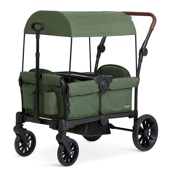 Evolur Trailblazer Foldable Wagon Stroller for 2 Kids with Canopy, Green