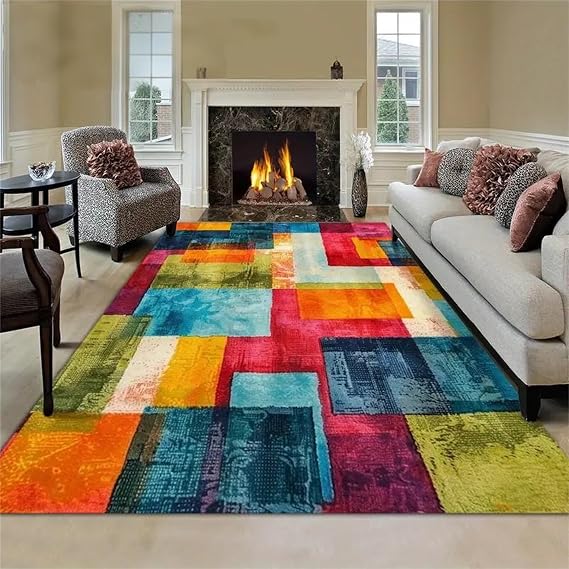 Abstract Geometric Area Rug, 70x140cm Vintage Colorful Plaid Patchwork Stylish Artistic Living Room Carpet, Soft Non-Slip Washable Throw Rugs for Living Rooms Entryways Offices With Hardwood Floors