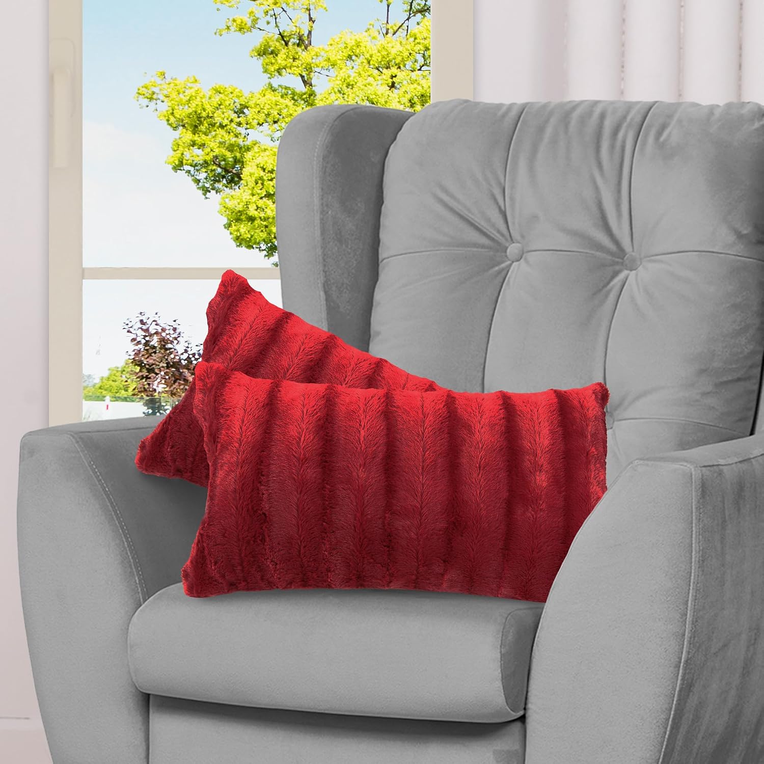 Cheer Collection Faux Fur Throw Pillows - Decorative Pillows for Couch, Bed Throw Pillows, Maroon Accent Pillows for Bedroom or Living Room Aesthetic, Set of 2 Furry Throw Pillows, 12 x 20"